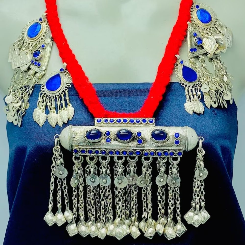 Vintage Kuchi Necklace: Red Cord, Silver Motifs, Blue Glass